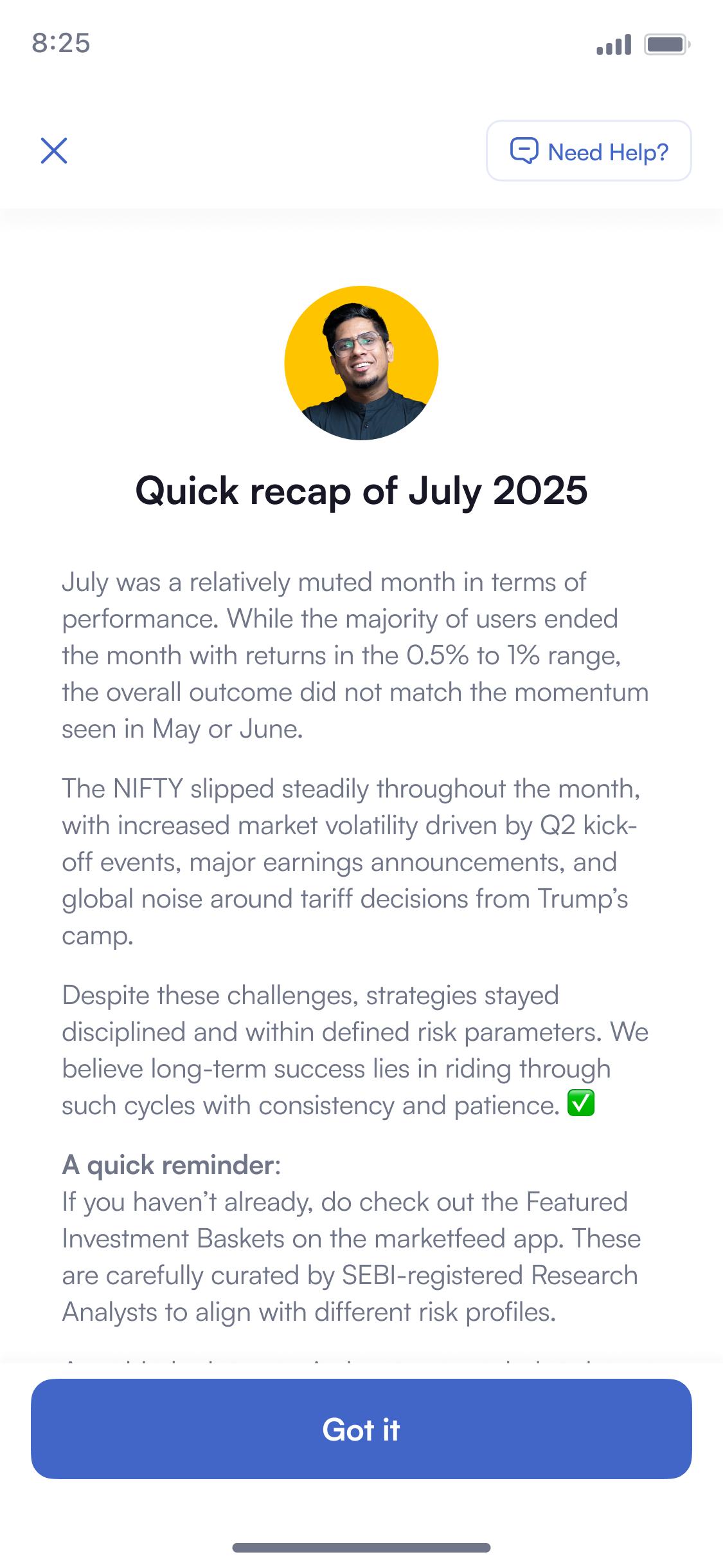 Detail page: the CEO's photo on a yellow circle, “Quick recap of July 2025,” long-form body copy and a sticky Got it button