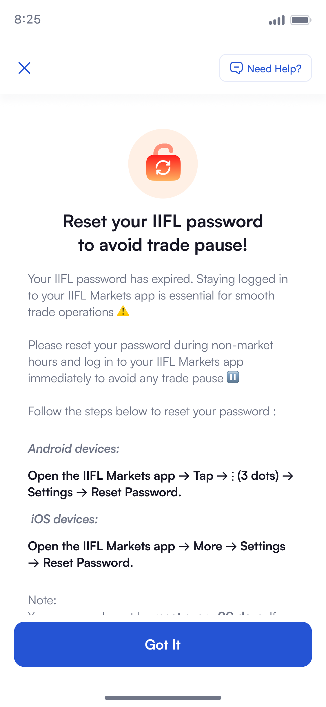Detail page: a red lock icon, “Reset your IIFL password to avoid trade pause,” with separate Android and iOS step sequences and a sticky Got It button