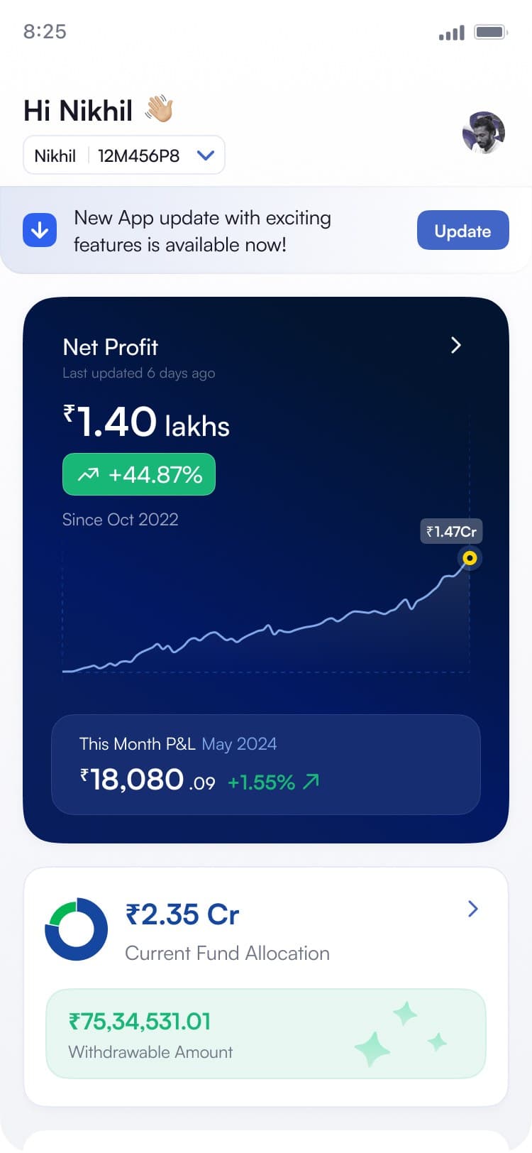 Blue top-bar banner: “New App update with exciting features is available now!” with a filled Update button