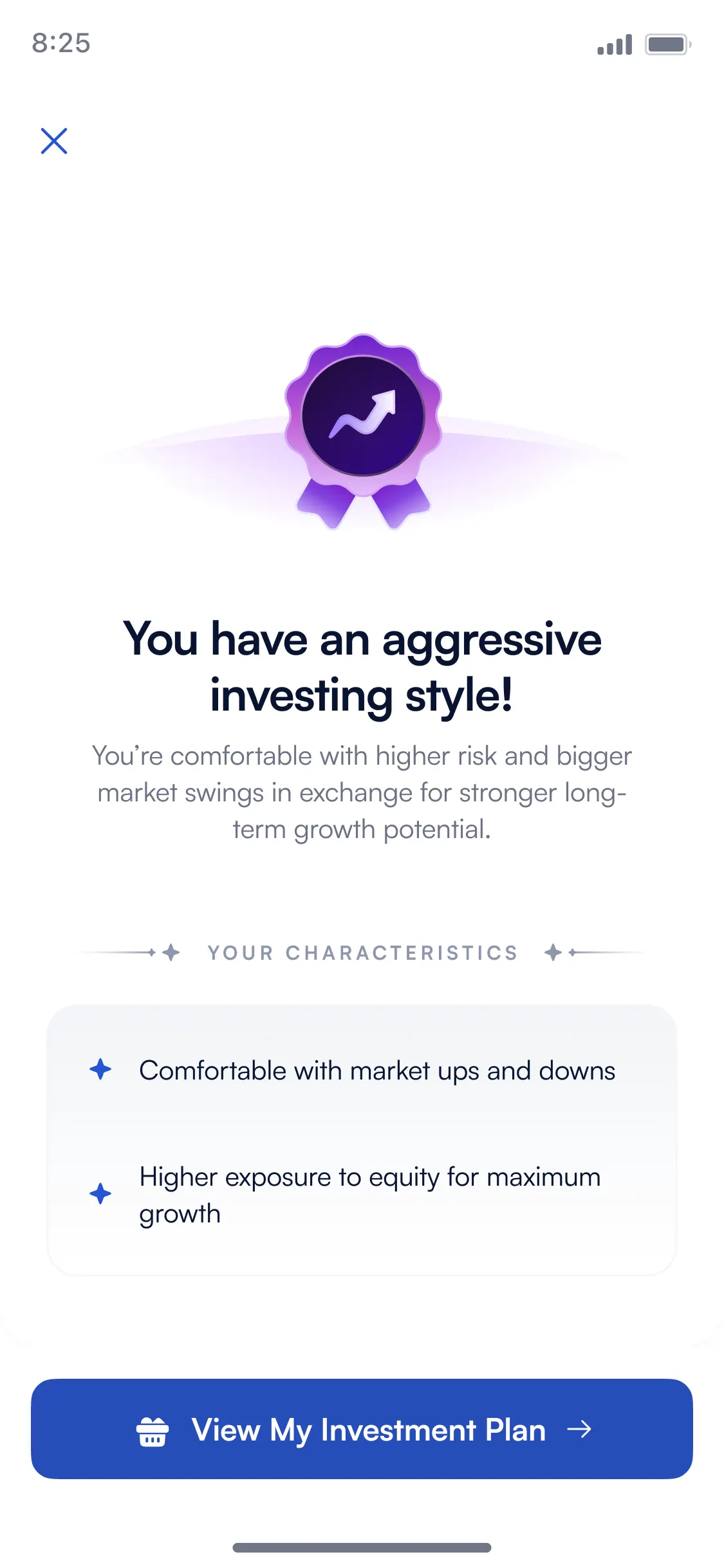 “You have an aggressive investing style” result screen with a purple upward-arrow badge and high-risk characteristics