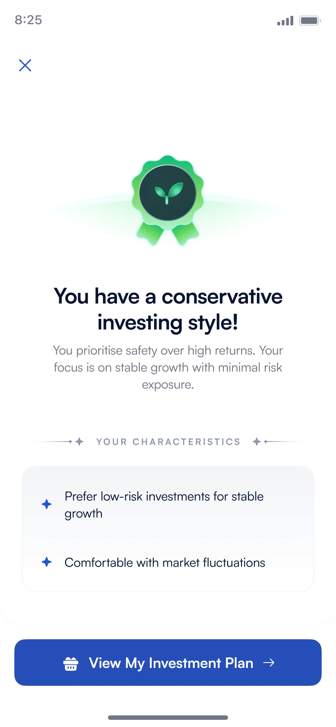 “You have a conservative investing style” result screen with a green seedling badge and low-risk characteristics
