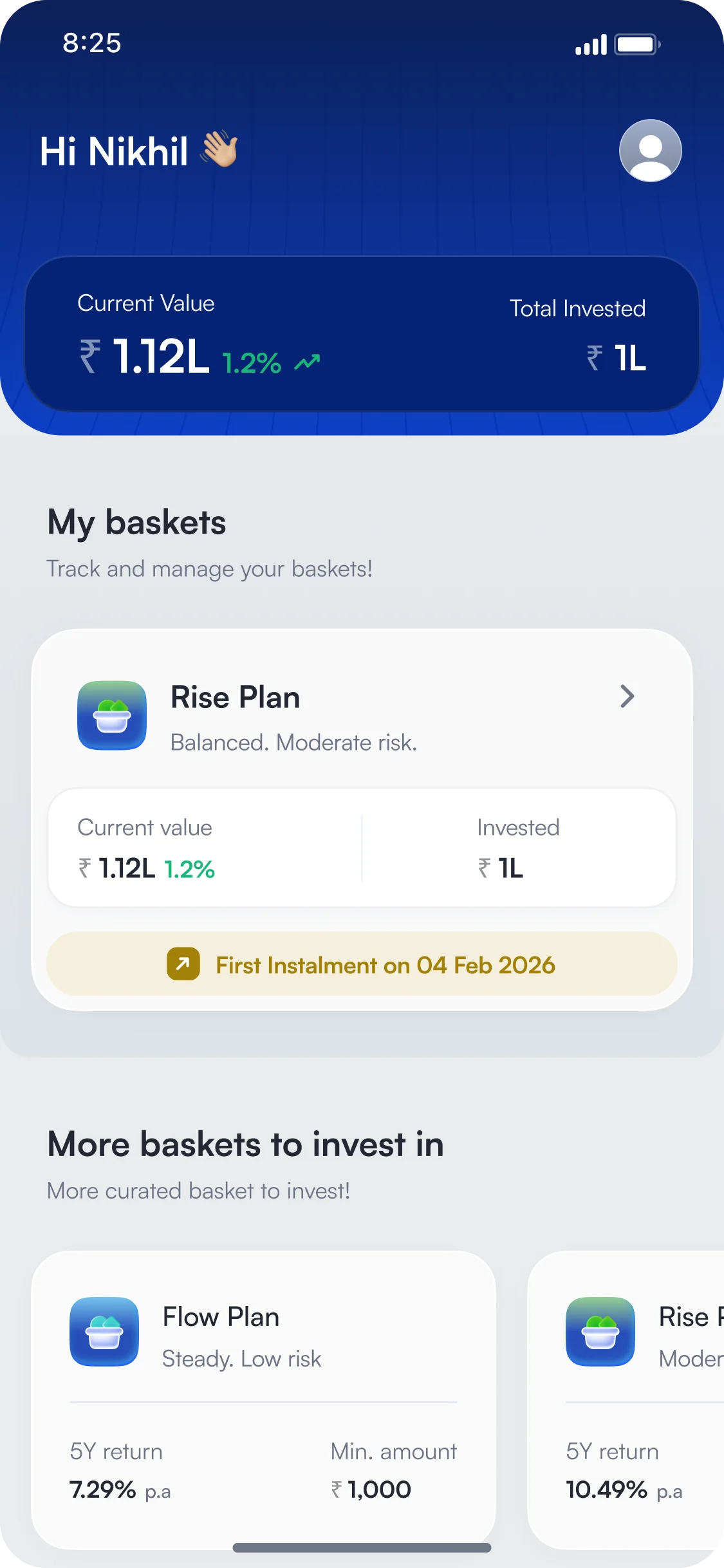 Dashboard in the invested state showing the Rise Plan at ₹1.12L current value and the next instalment date