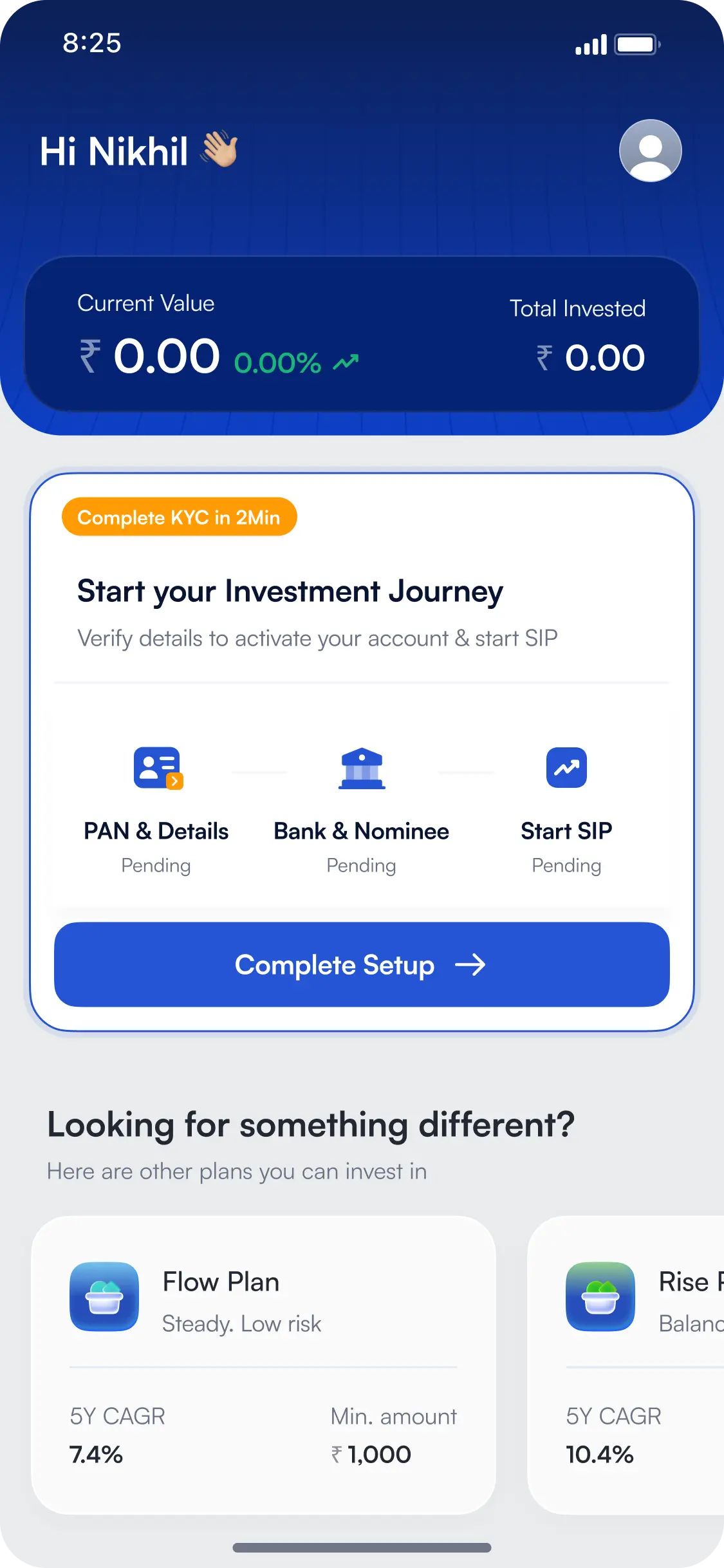 Dashboard with the 3-step progress card — PAN & Details, Bank & Nominee and Start SIP all pending, with a Complete Setup button