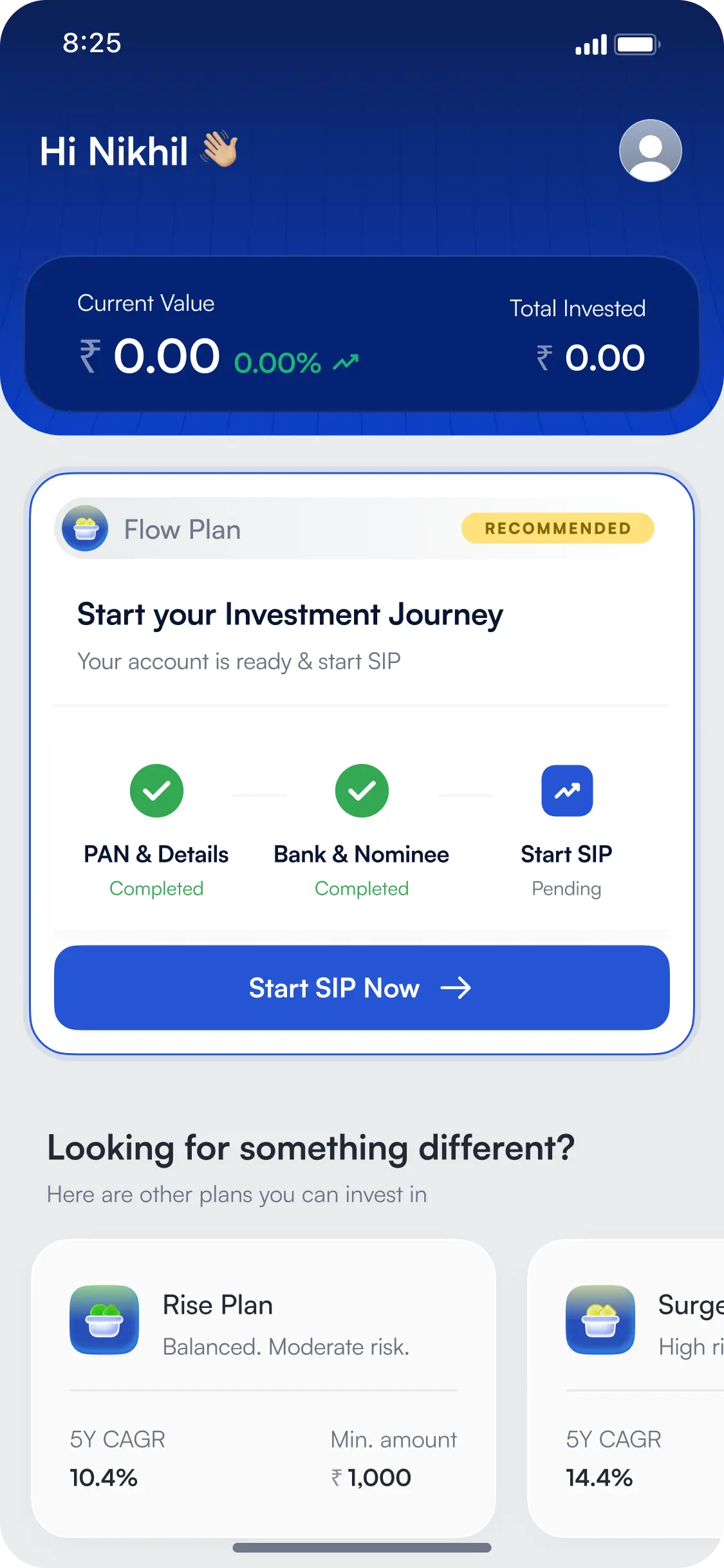 Dashboard with the 3-step progress card — PAN & Details and Bank & Nominee completed, Start SIP pending with a Start SIP Now button