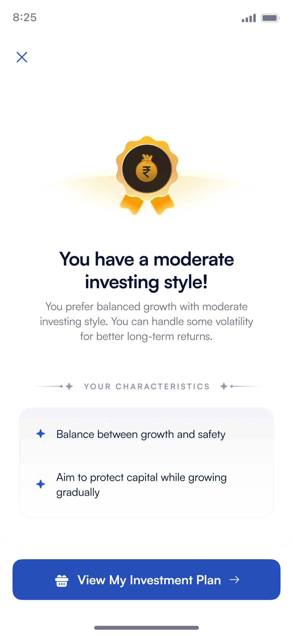 “You have a moderate investing style” result screen with a gold money-bag badge and balanced-growth characteristics