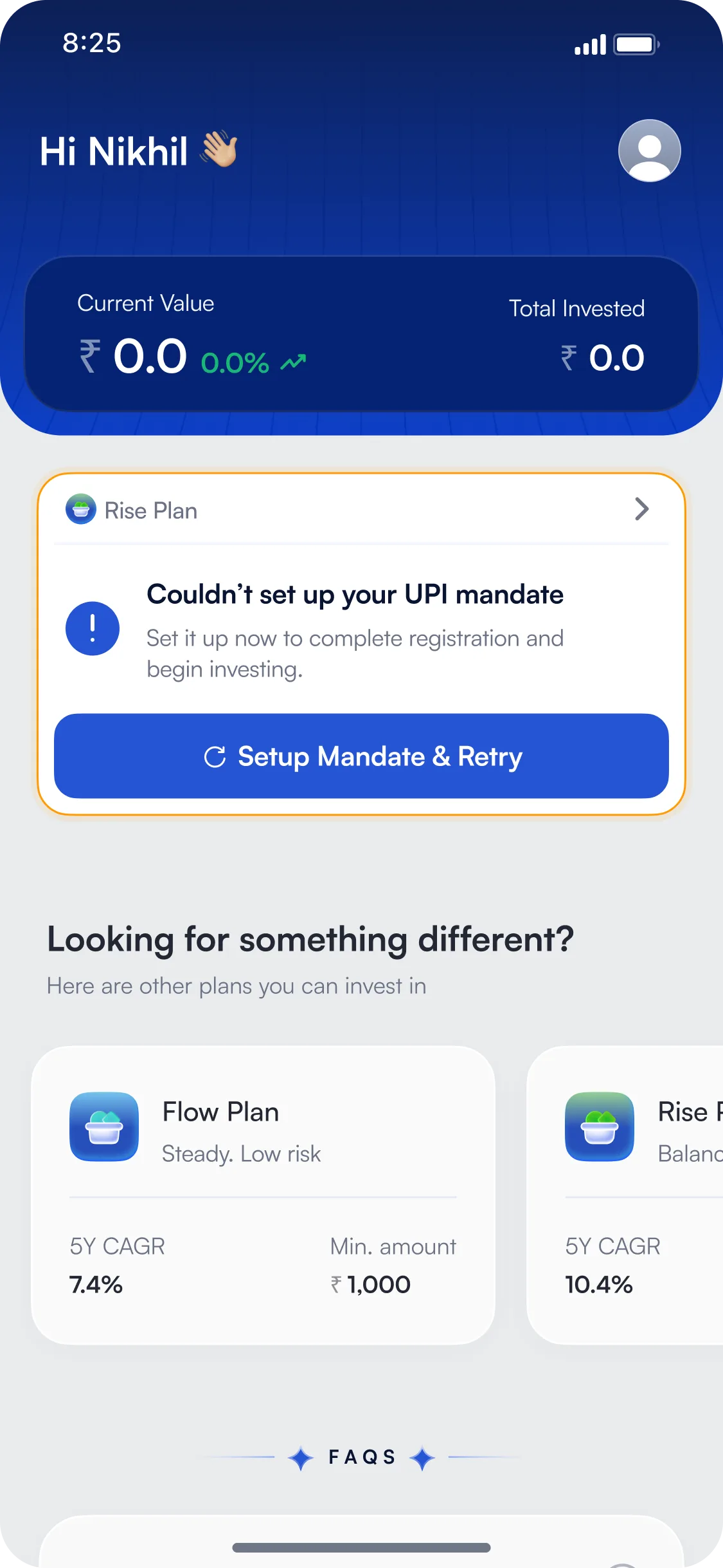 Dashboard showing a “Couldn't set up your UPI mandate” card with a Setup Mandate & Retry button