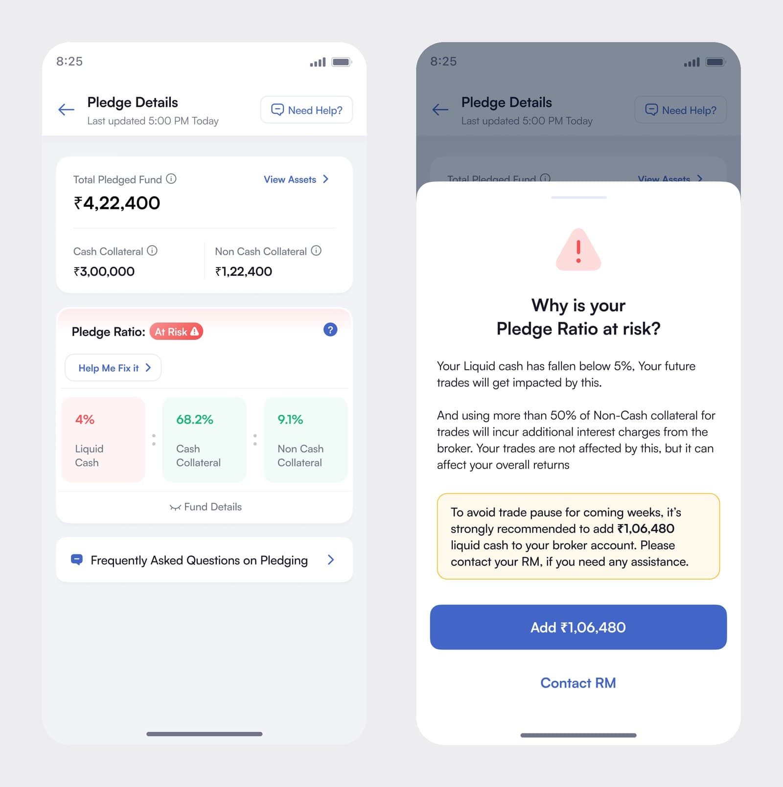 Pledge Details in the At Risk state next to the explainer it opens: a filled primary button carrying the computed amount, and Contact RM below