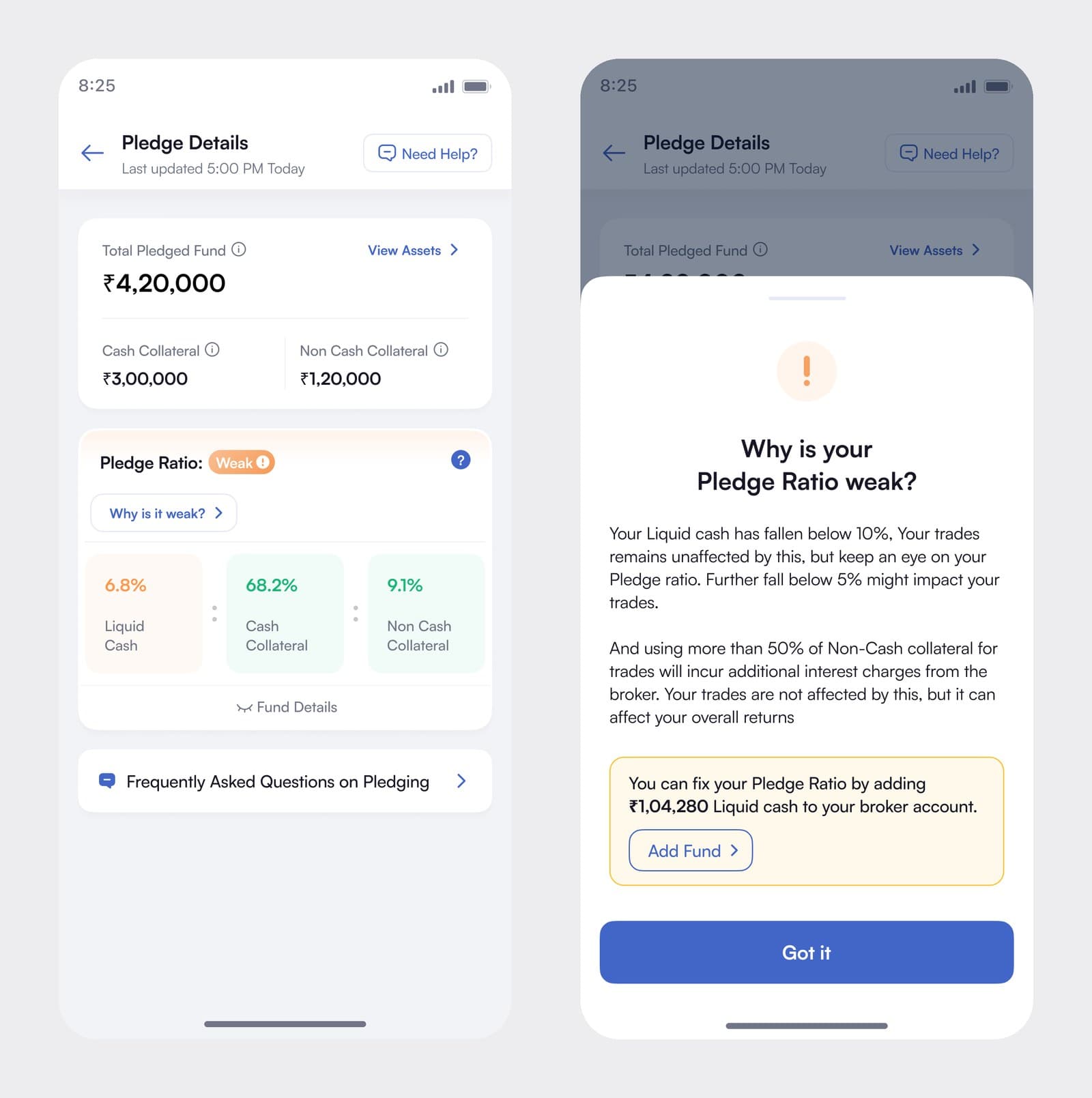 Pledge Details in the Weak state next to the explainer it opens: an 'Add Fund' outline button inside the note, and a filled 'Got it' primary button