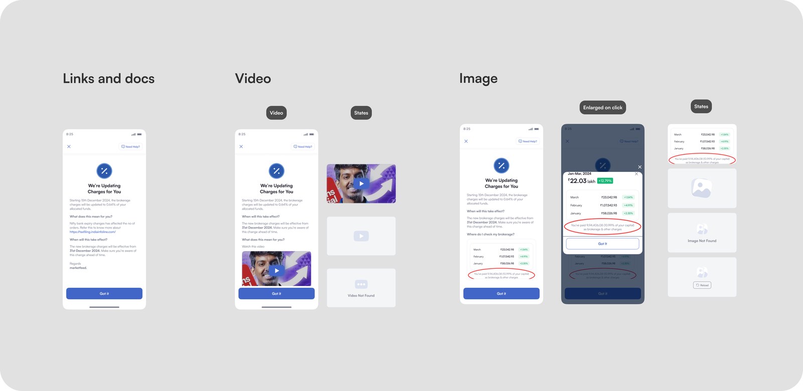 The detail page holding links and docs, video and images, with loading, not-found and reload states for each