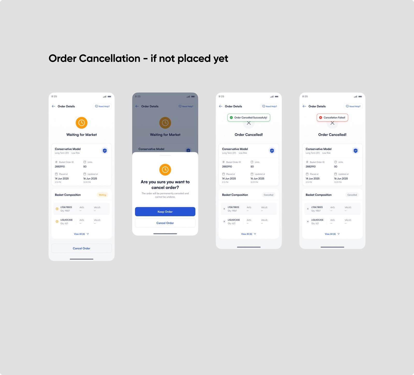 Order cancellation: waiting for market, the confirmation sheet, order cancelled, and the cancellation failed state