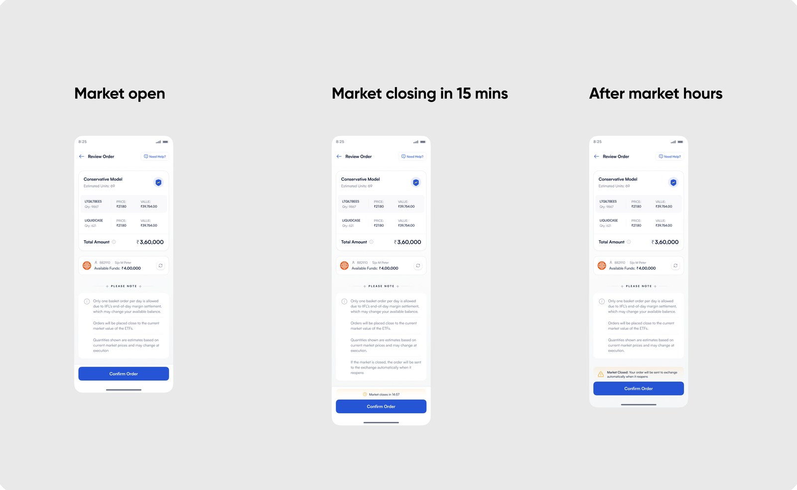 Review Order in three market states: market open, market closing in fifteen minutes with a countdown, and after market hours